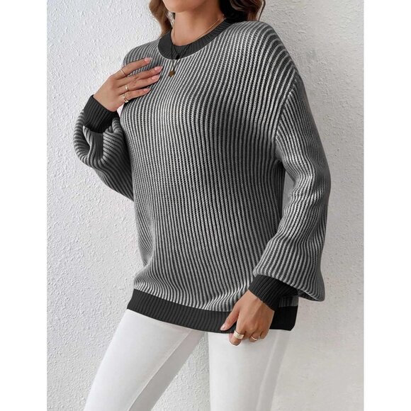 Women's Long Sleeve Ribbed Knit Pullover Black White Casual Sweaters Top - Picture 4 of 5